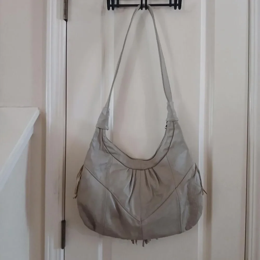 Vintage Genuine Leather Fringe Hobo Bag Taupe Grey Boho Western Slouchy Purse